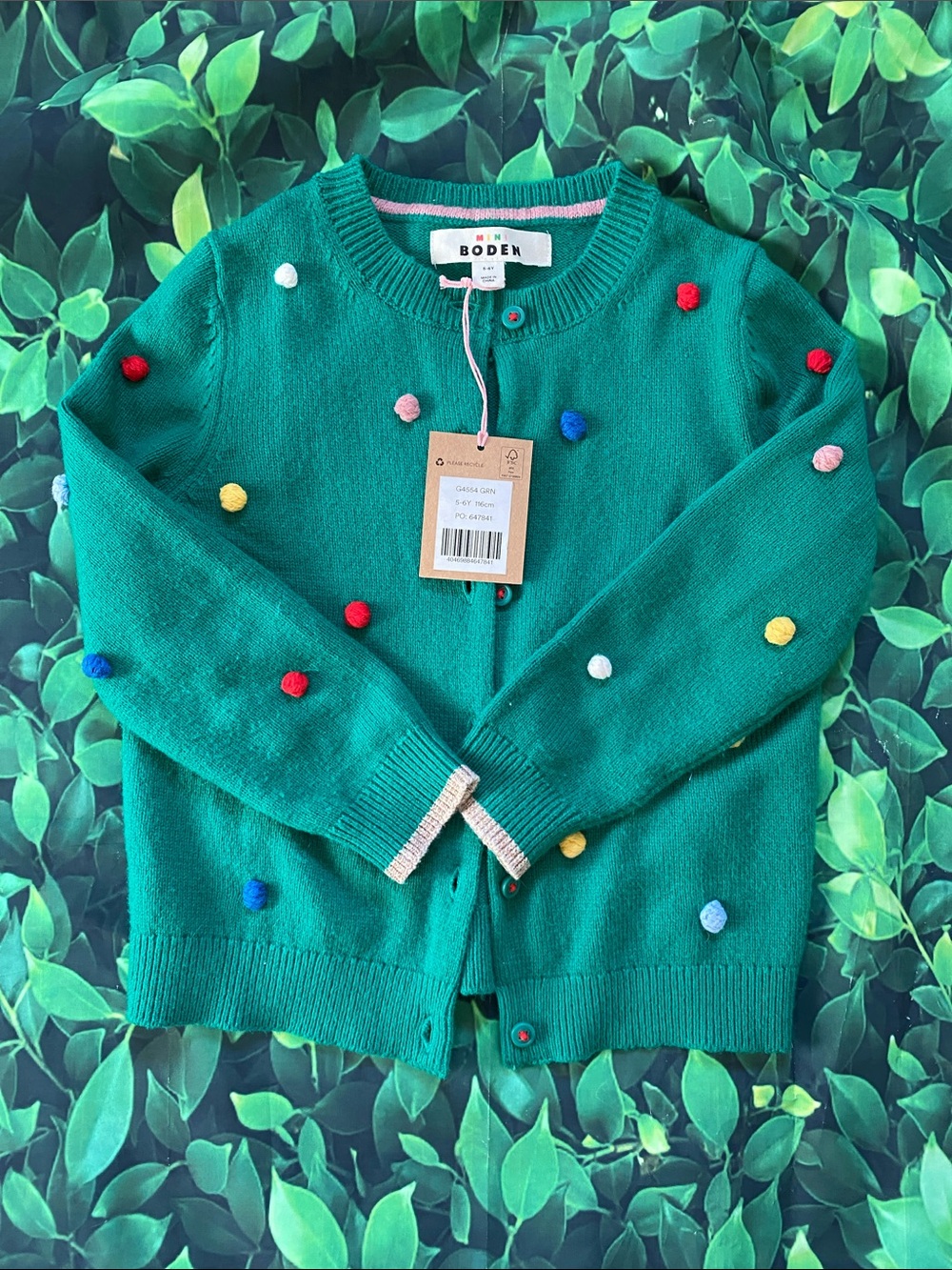 Boden Teal Green Pom-Pom Button Cardigan